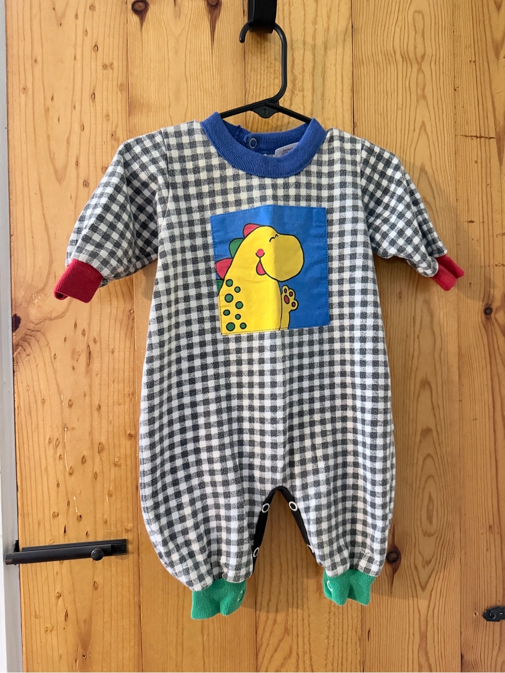 Buster Brown Gray Check Footie with Yellow Dino Patch and Colorful Accents